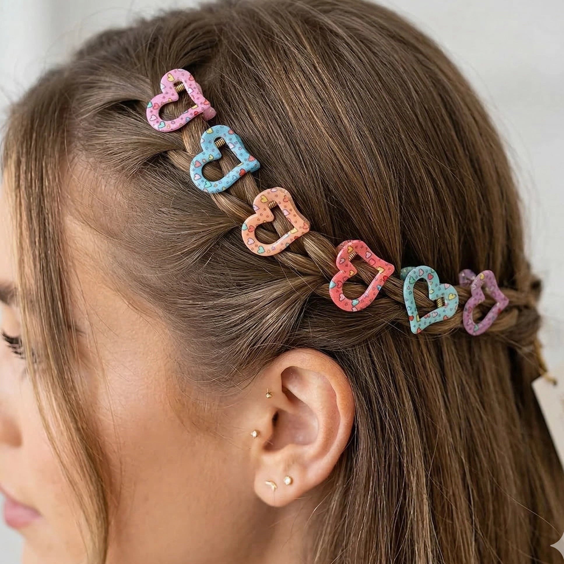 Heart-Shaped Mini Hair Claw Clips for Girls - 2.5cm Colorful Heart Print Small Hair Clamps (JC-70281M)