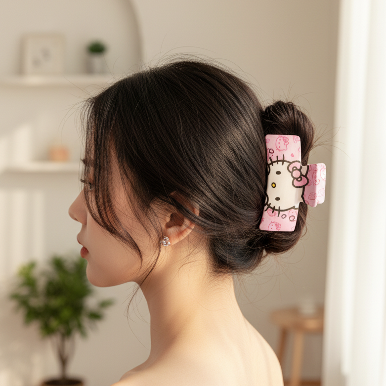 Cute Cartoon Cat Hair Claw Clips – 8cm Pastel Kitten Print Jaw Clips, Retro Anime Bow Cat Hair Accessories (JC-70307K)
