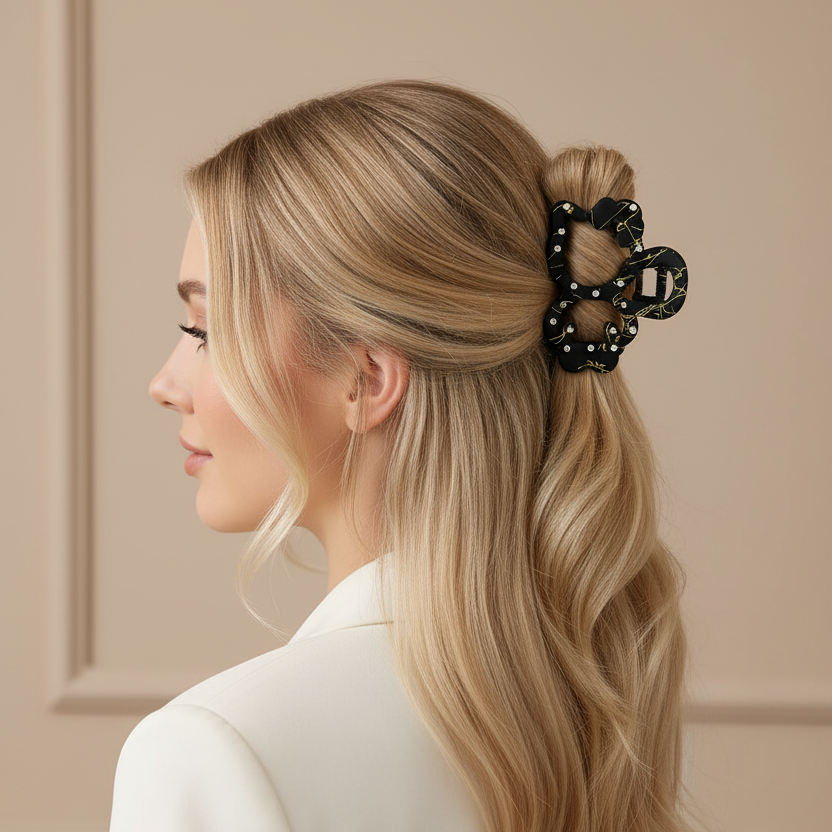 Cat-Shaped Hair Claw Clips with Rhinestones - 8cm Matte Marble Print Hair Clamps, Strong Hold Cute Animal Non-Slip Jaw Clips for Thick and Thin Hair (JC-70316S)