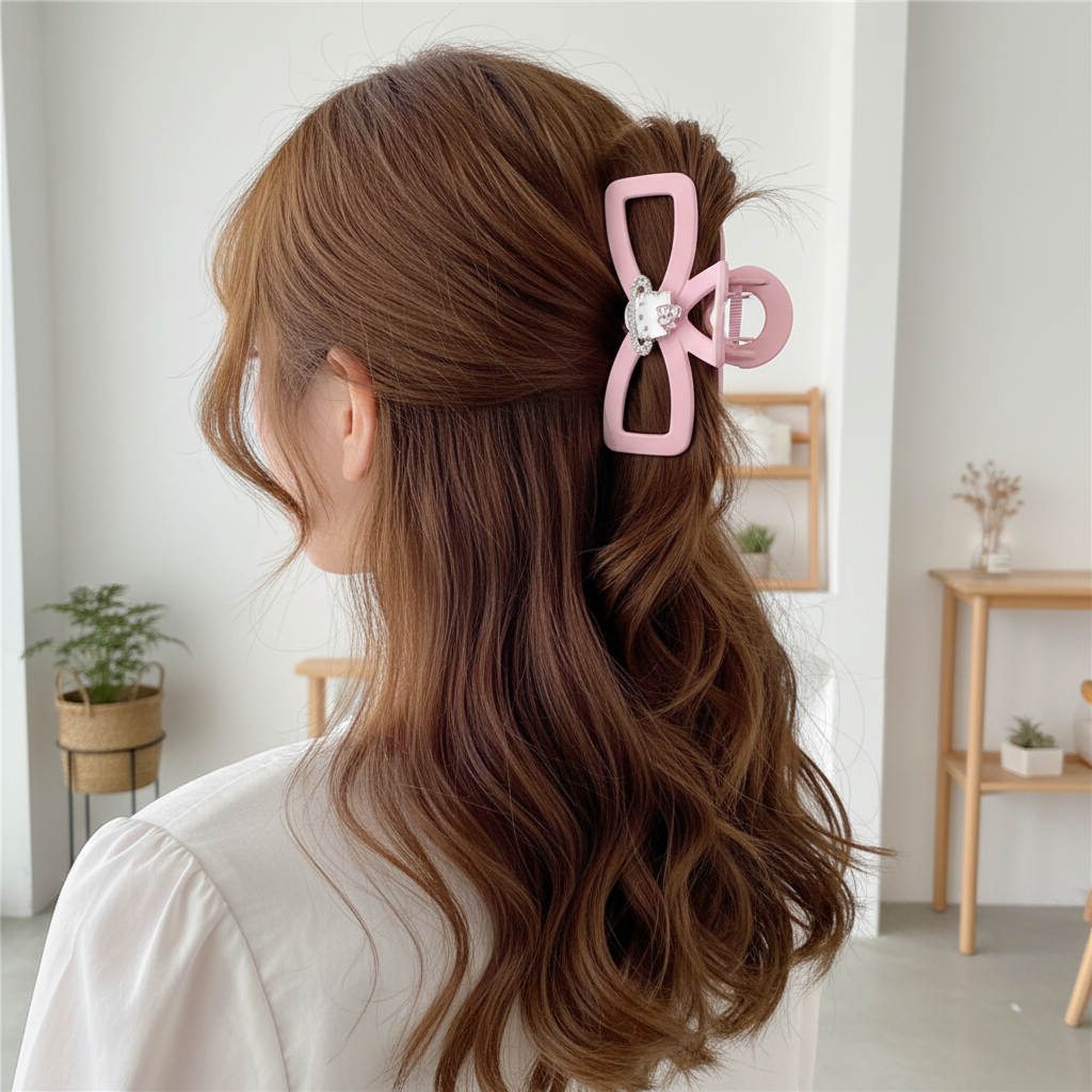Cute Cartoon Cat Bow Hair Claw Clip – 9.5cm Matte Ribbon Loop Hair Clamps, Trendy Planet Charm Non-Slip Hair Accessories for Women & Girls (JC-70329S)