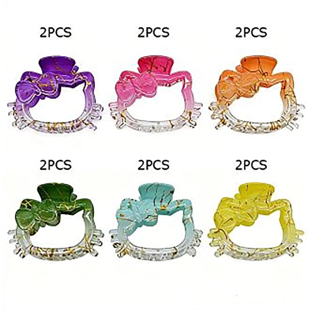 Cute Kitty Cat Hair Claw Clips - 2-Piece Pack 8.5cm Marbled Resin Hair Clamps with Gold Vein Accents - Pastel Bow Cat Shape Hair Accessories for Women & Girls (JC-70348S)