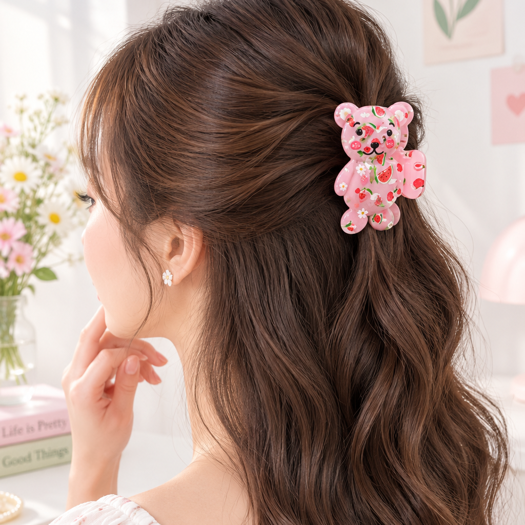 Cute Floral & Fruit Teddy Bear Hair Claw Clip – 8.2cm Acrylic Bear Jaw Clip Set (JC-70396S)