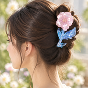 Iridescent Flower Hair Claw Clip with Stem & Leaf Design – Pastel Floral Jaw Clip 11cm (JC-70407AT)
