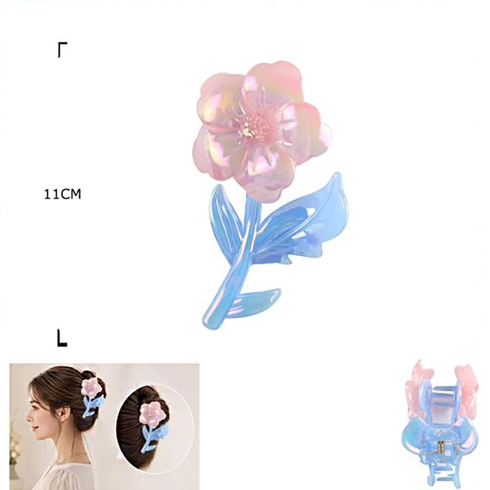 Iridescent Flower Hair Claw Clip with Stem & Leaf Design – Pastel Floral Jaw Clip 11cm (JC-70407AT)