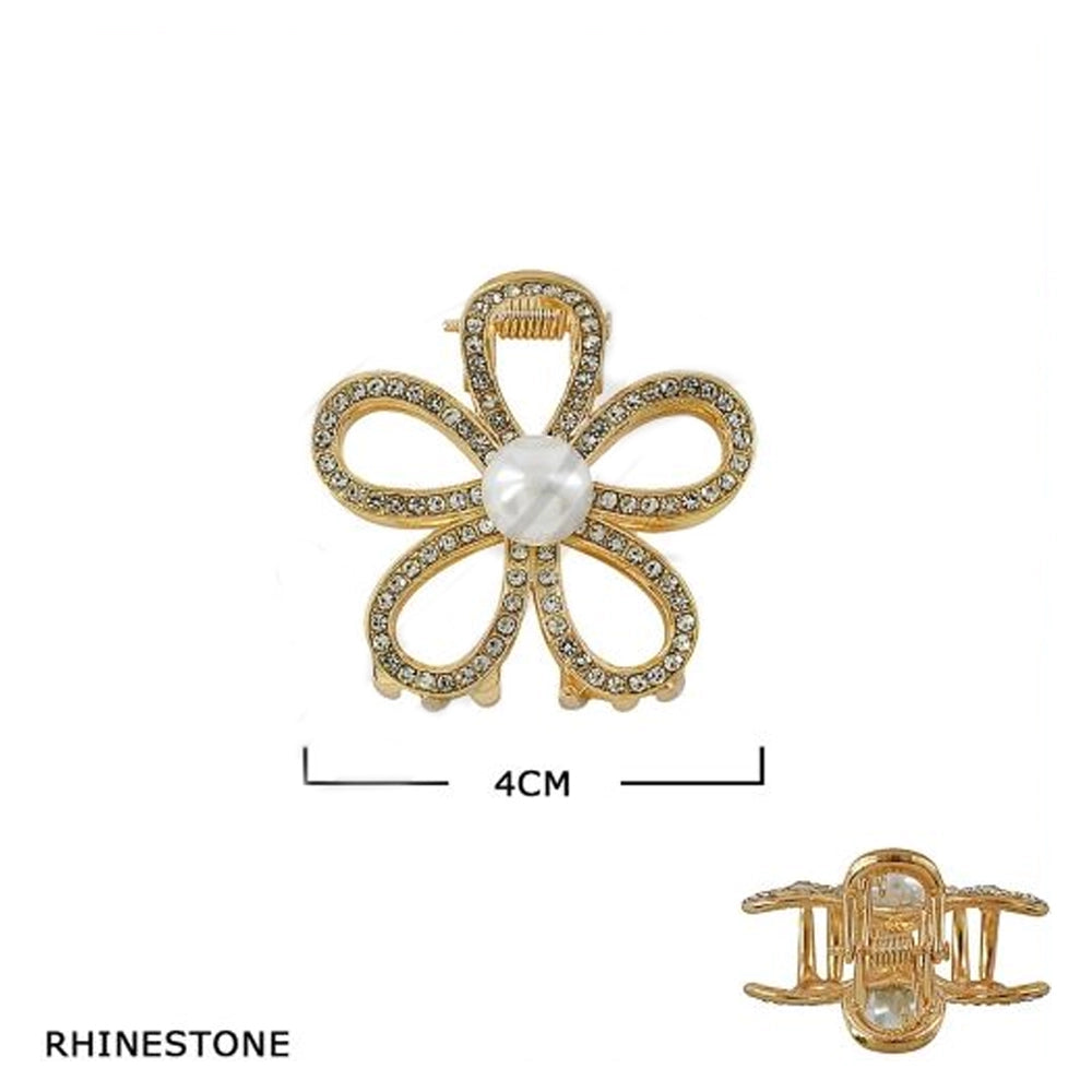 Luxurious Rhinestone Flower Hair Claw Clip with Pearl Center (4cm)