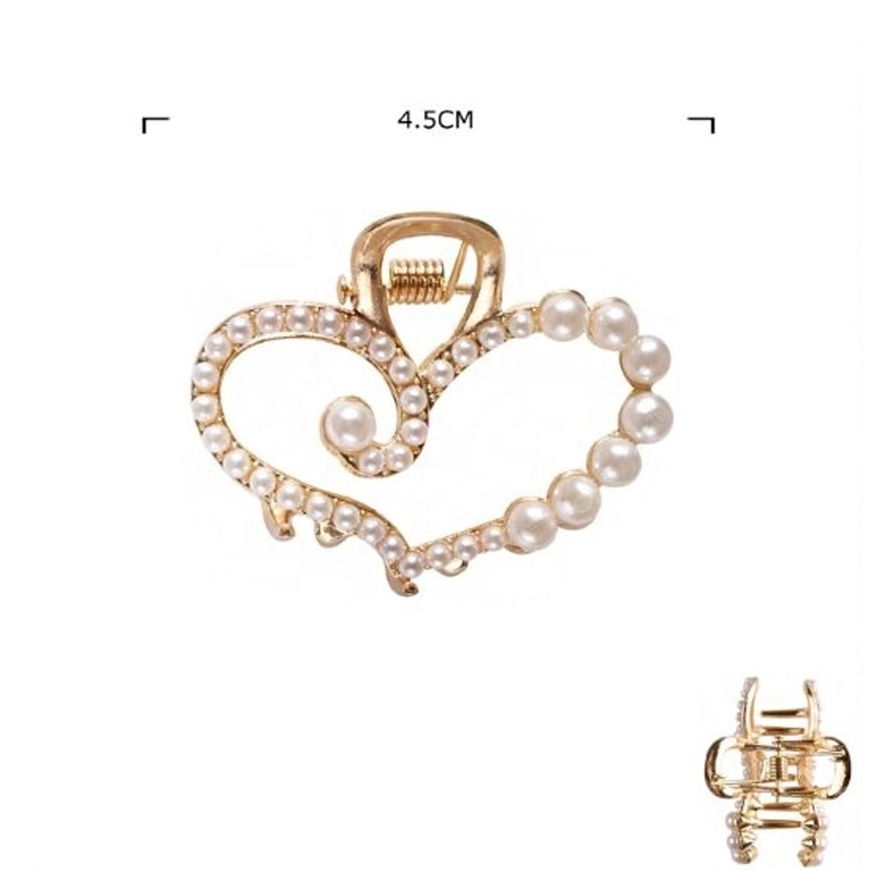 Elegant Pearl & Rhinestone Heart Hair Claw Clip – Small 4.5cm Gold Metal Jaw Clip for Half-Up Hairstyles – 12pc Bulk Set (JCM-10232GS)