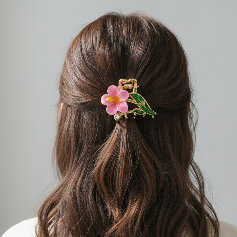 Hibiscus Flower Metal Hair Claw Clip with Rhinestone Accent – 4CM Floral Mini Jaw Clip for Girls & Women – Elegant Enamel Spring Hair Accessory (JCM-10235M)