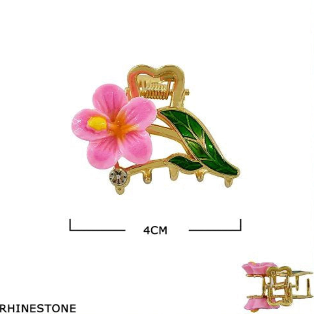 Hibiscus Flower Metal Hair Claw Clip with Rhinestone Accent – 4CM Floral Mini Jaw Clip for Girls & Women – Elegant Enamel Spring Hair Accessory (JCM-10235M)
