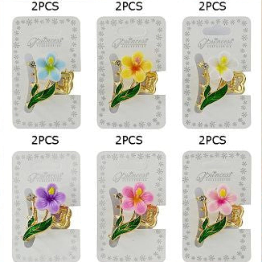 Hibiscus Flower Metal Hair Claw Clip with Rhinestone Accent – 4CM Floral Mini Jaw Clip for Girls & Women – Elegant Enamel Spring Hair Accessory (JCM-10235M)