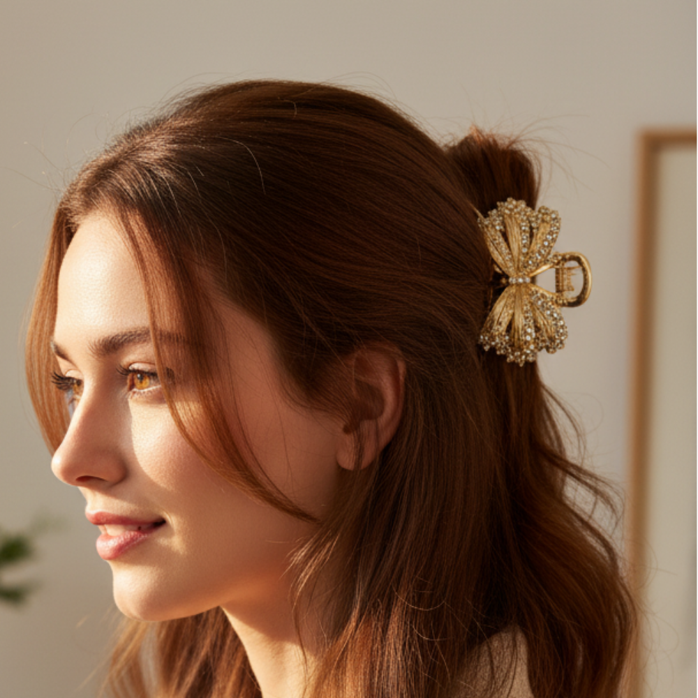 Sparkling Crystal Butterfly Hair Claw Clip - Elegant Gold & Silver Metal Hair Accessories (JCM-10237GS)