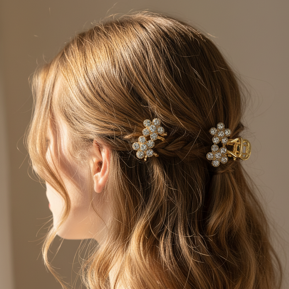 2.5cm Metal Crystal Hair Jaw Clips for Women & Girls - Sparkly Small Floral Hair Accessories for Weddings, Prom & Formal Styling (JCM-7012GS)