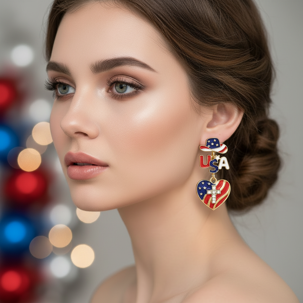 Patriotic USA Charm Drop Earrings | Red, White, & Blue Fourth of July Jewelry (JE-1027)