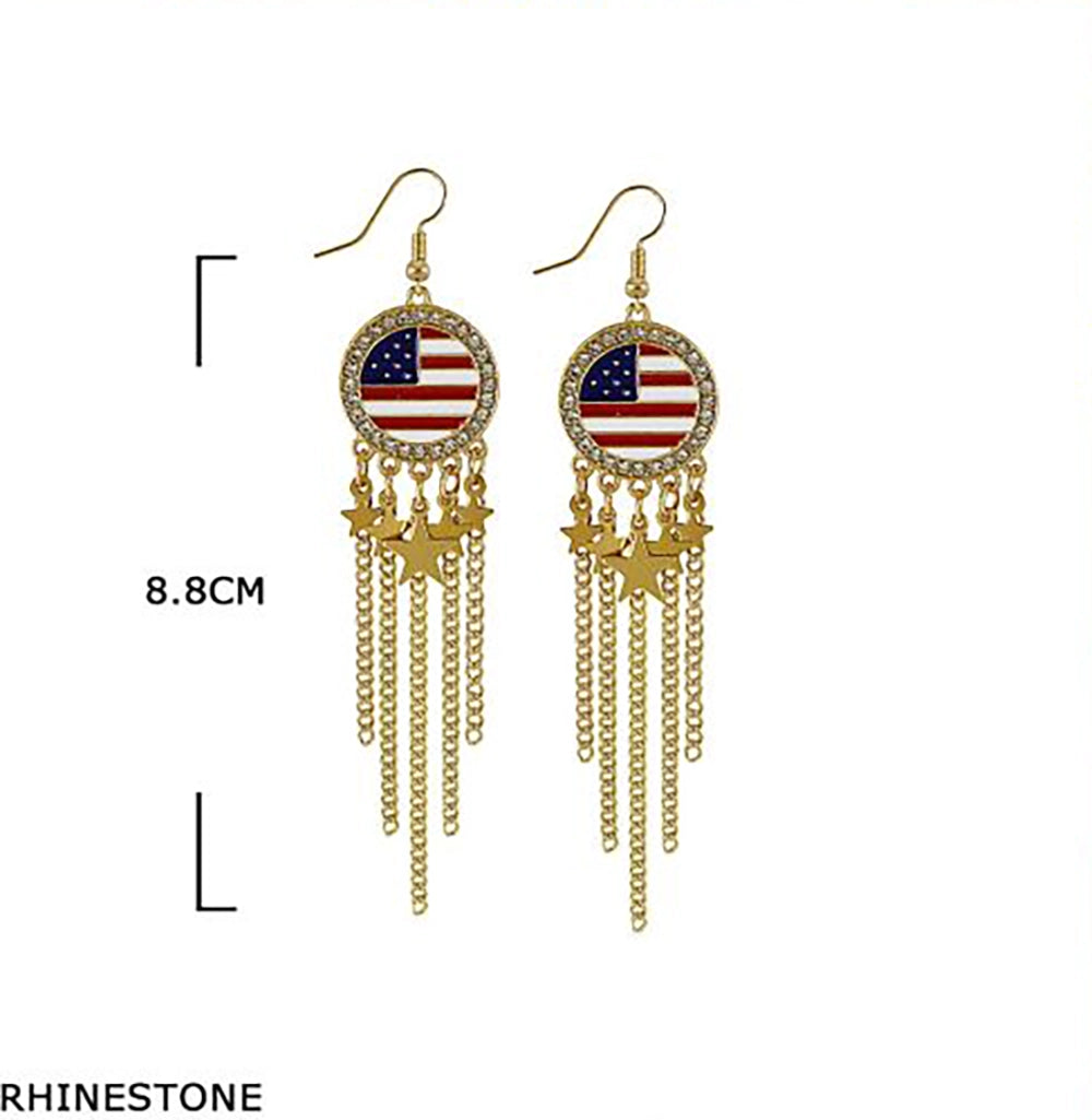 Patriotic American Flag Dangle Earrings with Rhinestones & Star Charms | 4th of July Independence Day Memorial Day Fashion Jewelry (Gold & Silver, 8.8cm) JE-1028