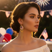 Patriotic American Flag Dangle Earrings with Rhinestones & Star Charms | 4th of July Independence Day Memorial Day Fashion Jewelry (Gold & Silver, 8.8cm) JE-1028