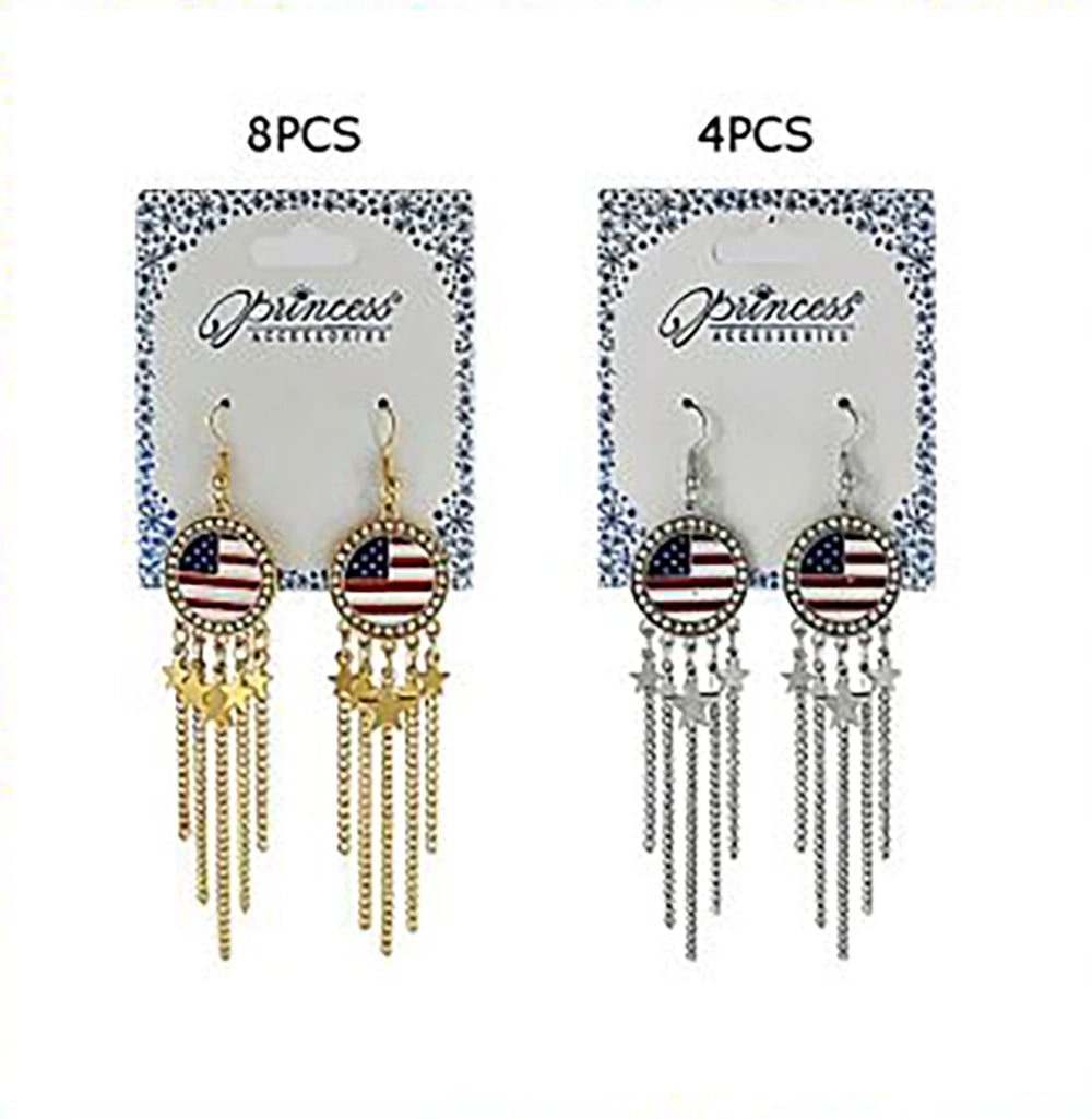 Patriotic American Flag Dangle Earrings with Rhinestones & Star Charms | 4th of July Independence Day Memorial Day Fashion Jewelry (Gold & Silver, 8.8cm) JE-1028
