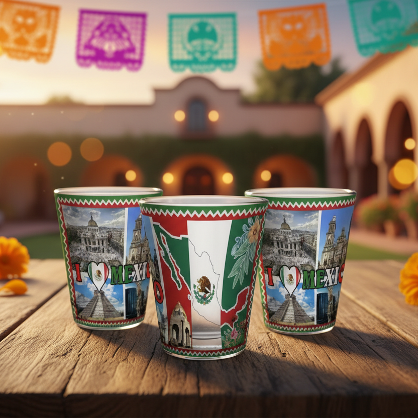 Mexico Souvenir Shot Glass Set - Full Wrap Country Map & Landmark Design 12pc (JH240850)
