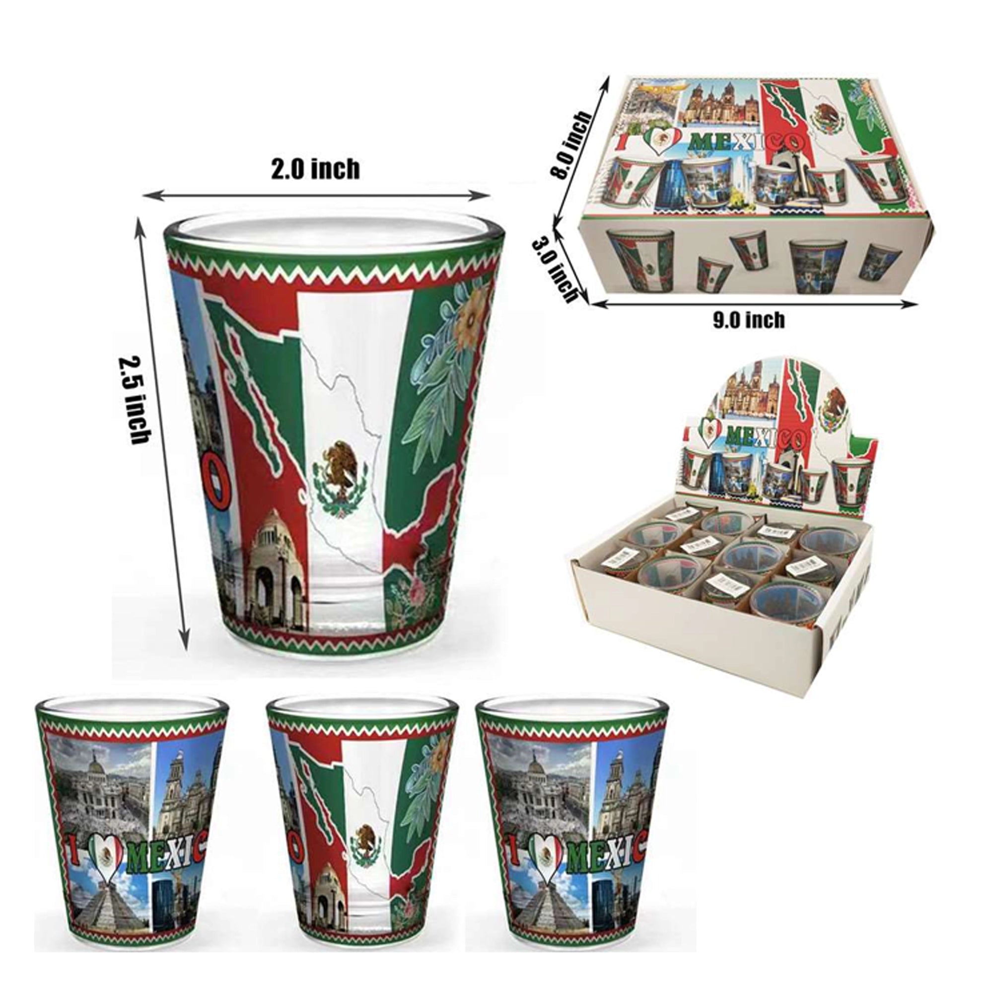 Mexico Souvenir Shot Glass Set - Full Wrap Country Map & Landmark Design 12pc (JH240850)
