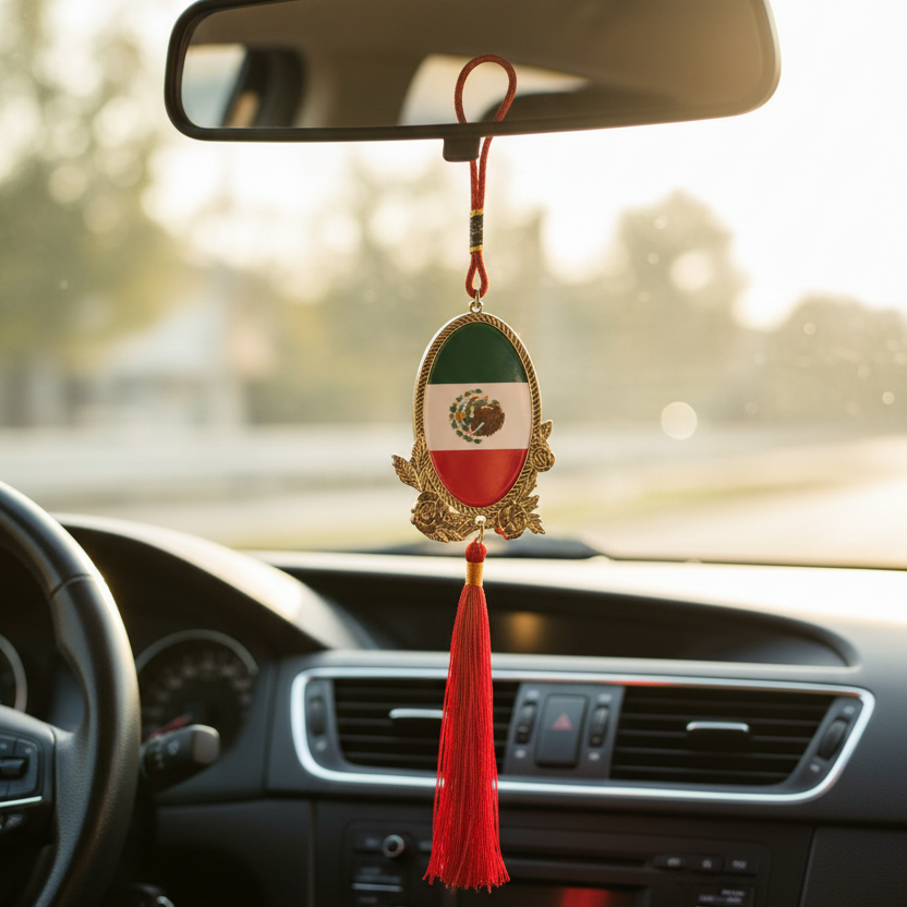 Mexico Flag Oval Car Hanging Ornament with Red Tassel - Patriotic Rearview Mirror Decor (JH243220)