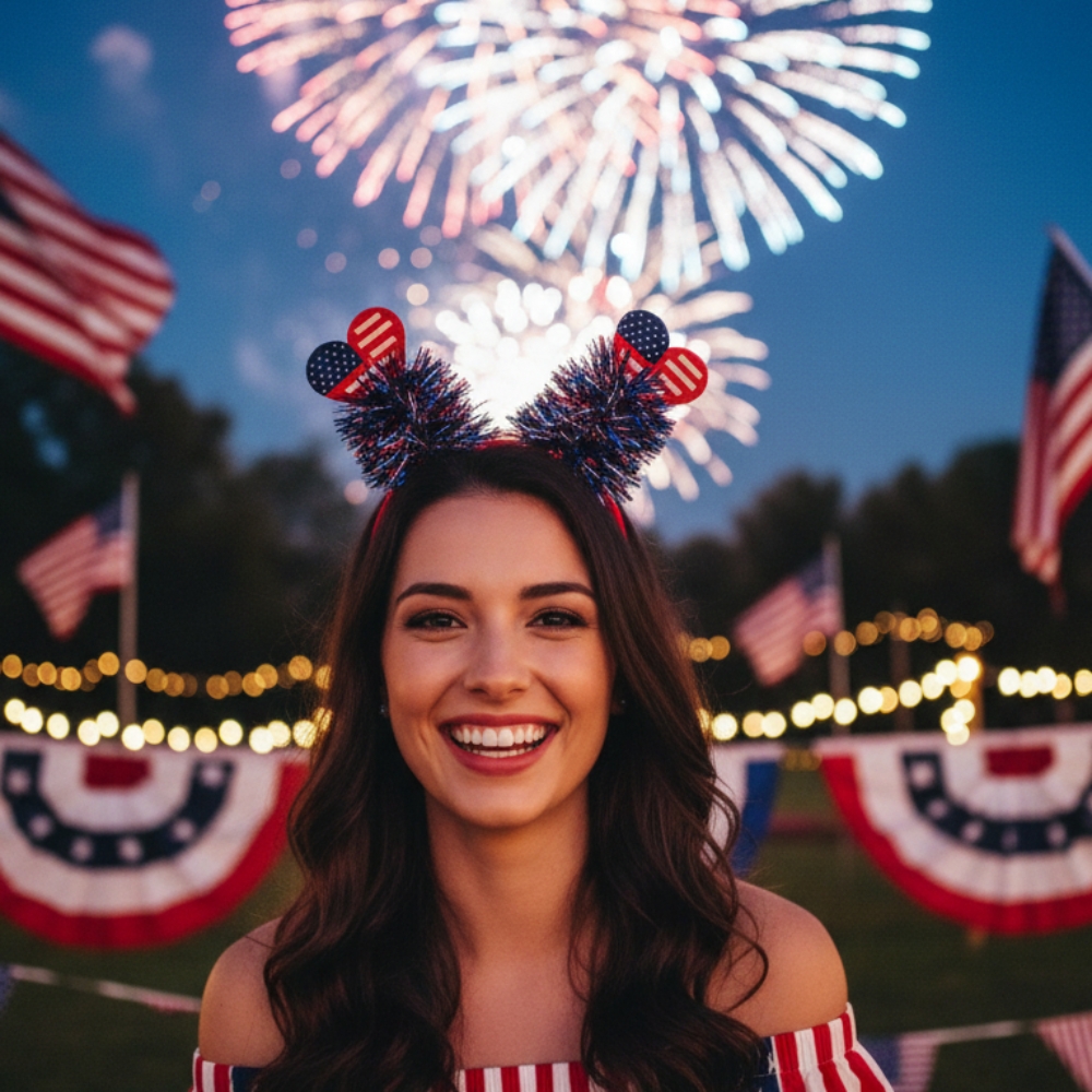Patriotic Headbands 4th of July Independence Day Party Favors, Red White and Blue Tinsel Headbands with Stars and Hearts (JHB-1020)