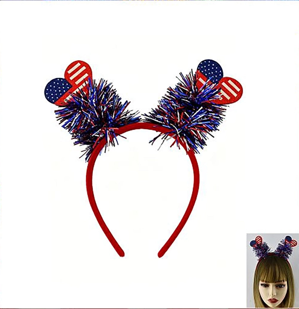 Patriotic Headbands 4th of July Independence Day Party Favors, Red White and Blue Tinsel Headbands with Stars and Hearts (JHB-1020)
