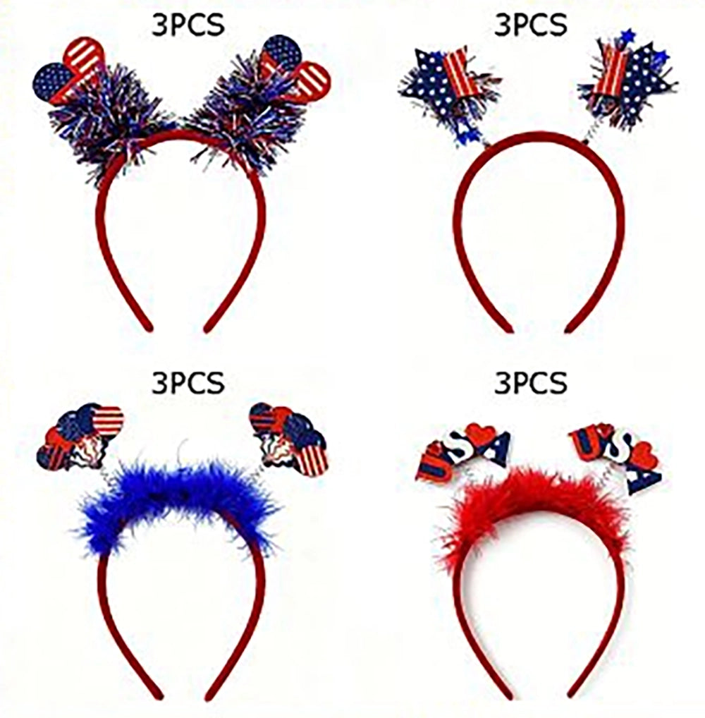 Patriotic Headbands 4th of July Independence Day Party Favors, Red White and Blue Tinsel Headbands with Stars and Hearts (JHB-1020)
