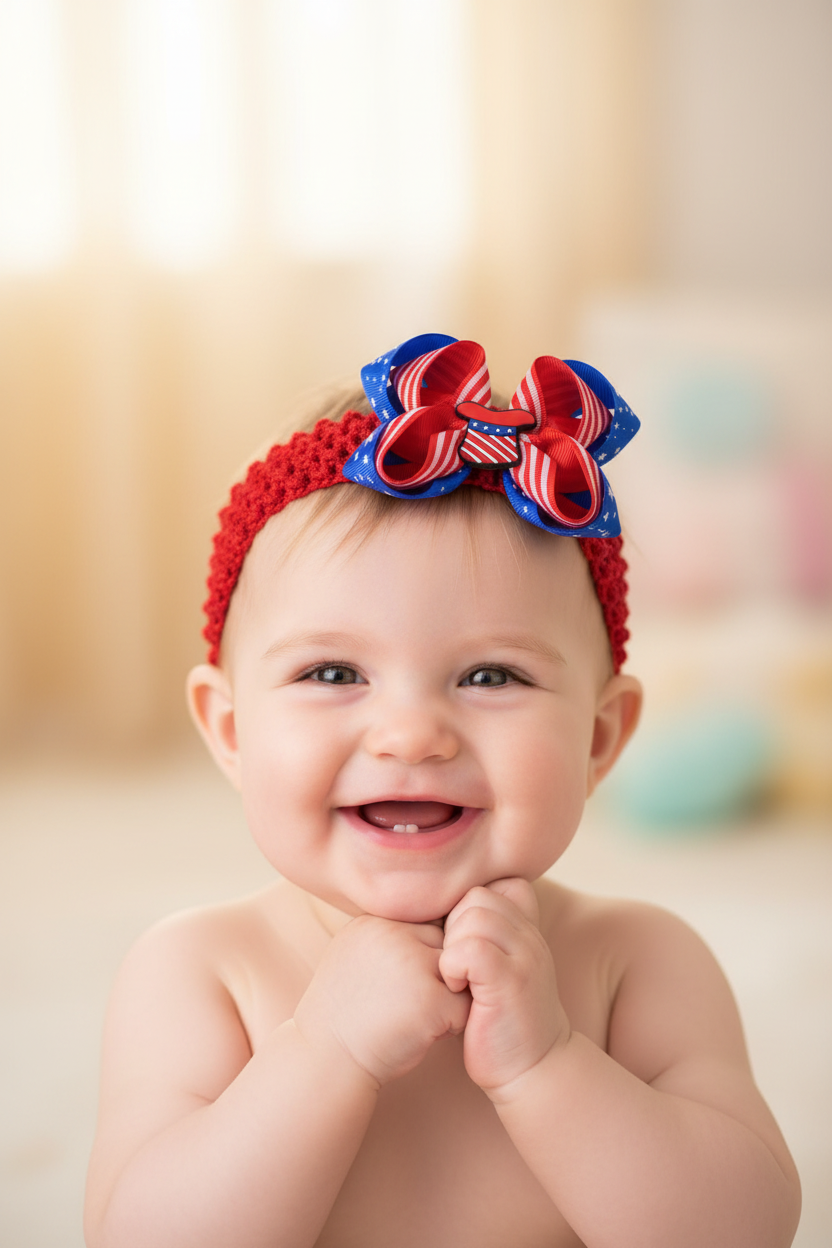 4th of July Baby Headbands Set – Patriotic Red White and Blue Crochet Hair Bows for Infants, Toddlers, & Girls – Independence Day (JHB-1021)