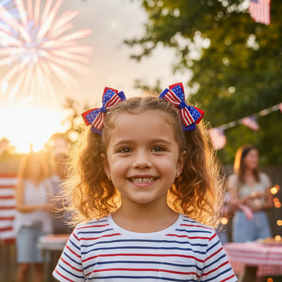 Patriotic Americana Hair Bow Set - 4-Piece Grosgrain Ribbon Clips (JHC-1013)