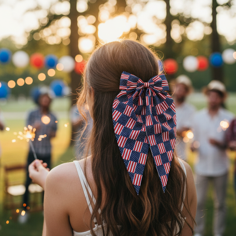 Patriotic Americana Hair Bow Clip with Long Streamers (JHC-1028)