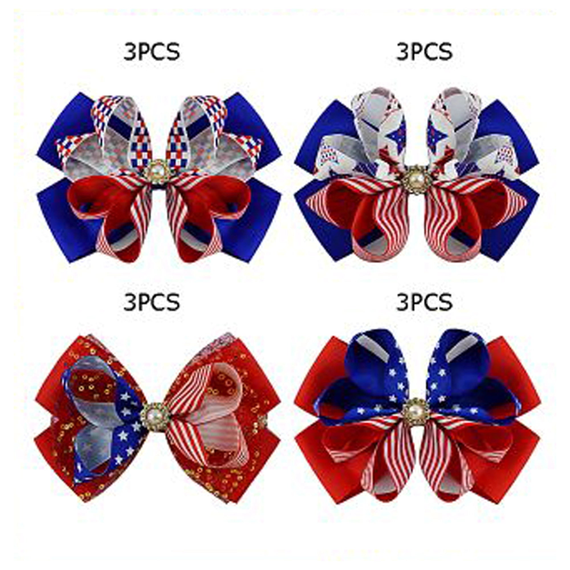 Patriotic Grosgrain Hair Bow Set - 15cm Stars and Stripes Ribbon Bows with Rhinestone Centers - 4th of July Hair Accessories (JHC-1034)