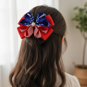Patriotic Grosgrain Hair Bow Set - 15cm Stars and Stripes Ribbon Bows with Rhinestone Centers - 4th of July Hair Accessories (JHC-1034)