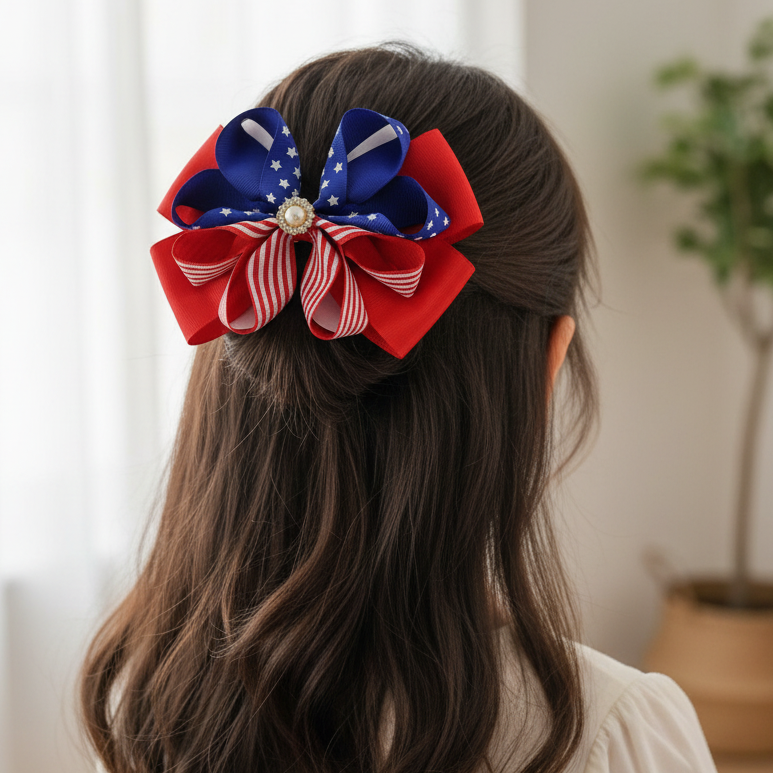 Patriotic Grosgrain Hair Bow Set - 15cm Stars and Stripes Ribbon Bows with Rhinestone Centers - 4th of July Hair Accessories (JHC-1034)