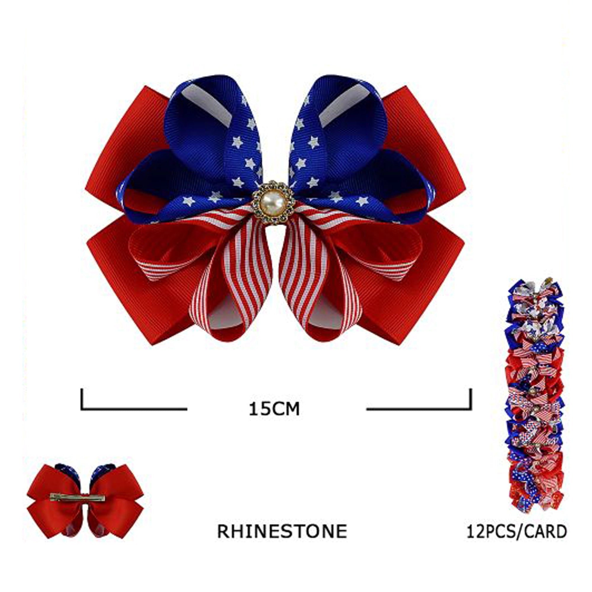 Patriotic Grosgrain Hair Bow Set - 15cm Stars and Stripes Ribbon Bows with Rhinestone Centers - 4th of July Hair Accessories (JHC-1034)