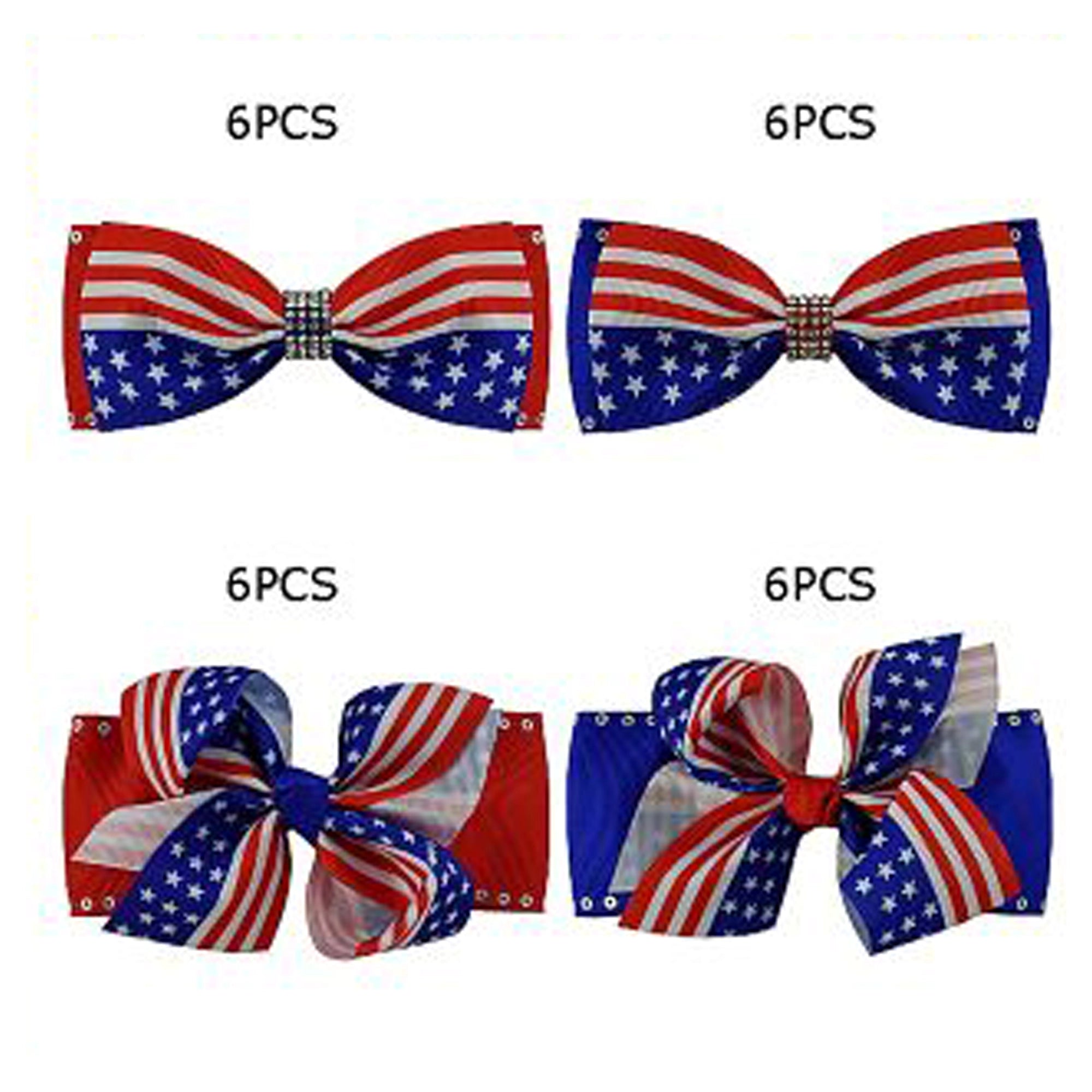 American Flag Bow Hair Clip Set with Rhinestone Accents – 24pc Bulk Display Card – 12cm Patriotic Grosgrain Bows for 4th of July & Events (JHC-1036)