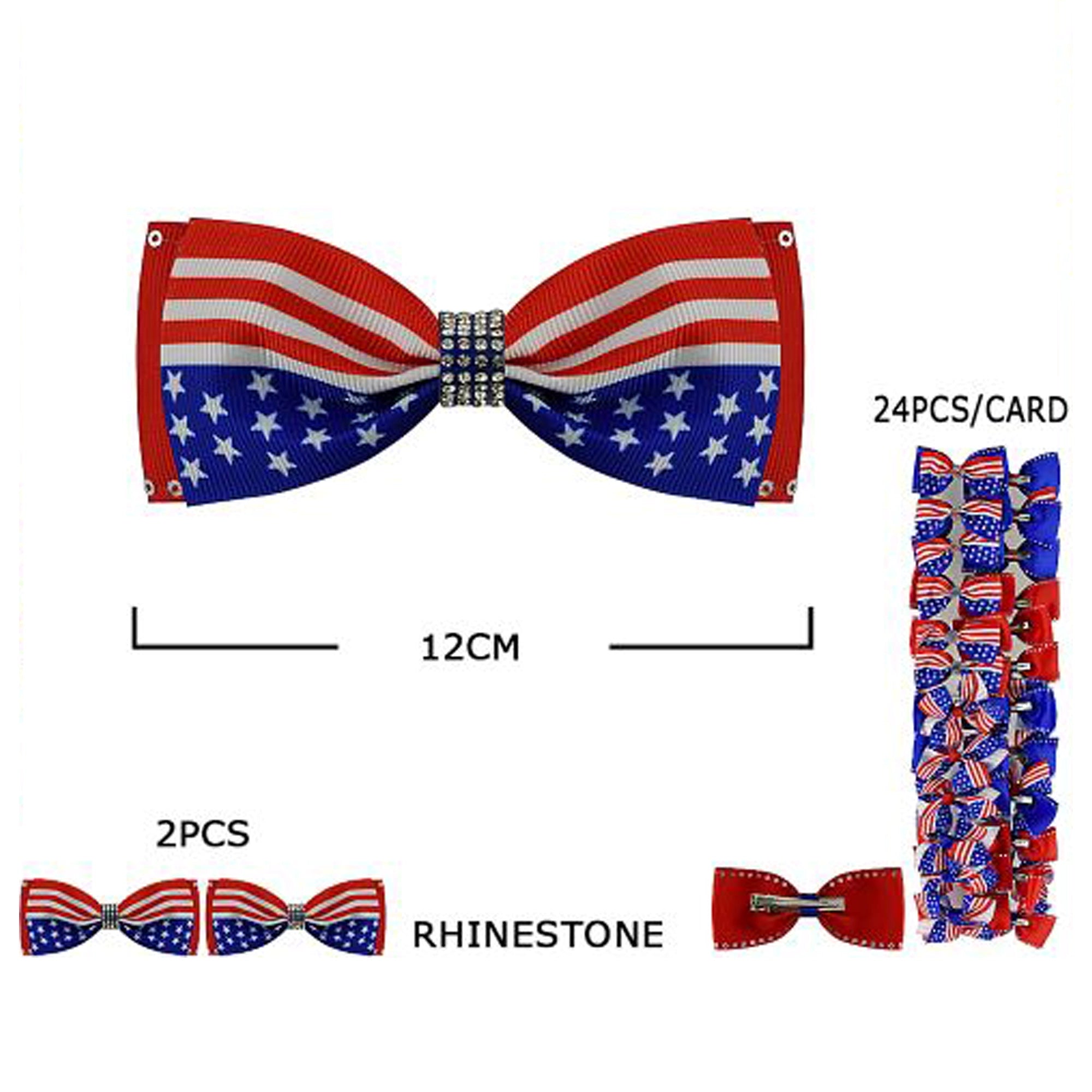 American Flag Bow Hair Clip Set with Rhinestone Accents – 24pc Bulk Display Card – 12cm Patriotic Grosgrain Bows for 4th of July & Events (JHC-1036)