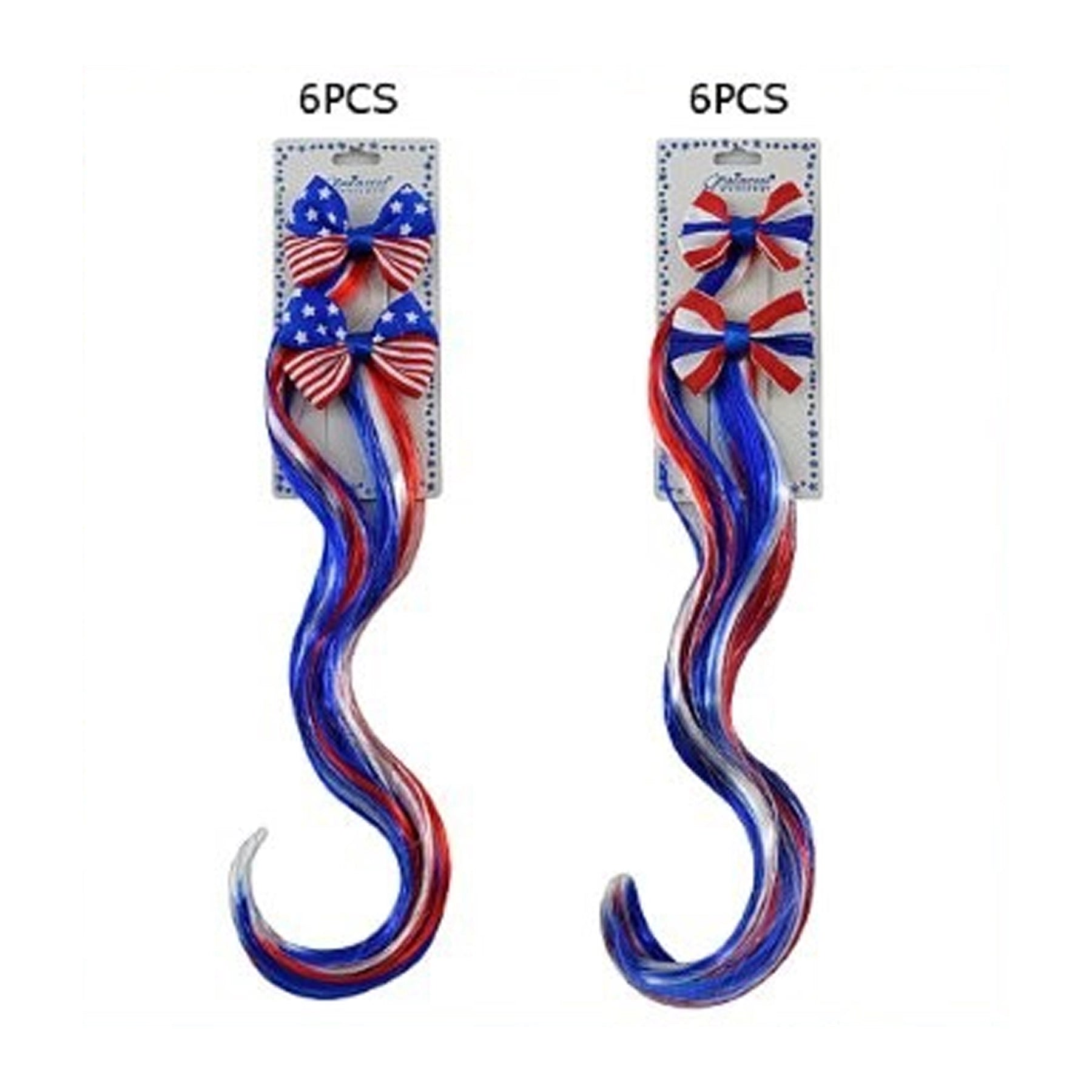 Patriotic American Flag Hair Extensions with Bows – Red, White, & Blue Wavy Synthetic Hair Clips for 4th of July, Memorial Day, & Team USA Events (36cm) (JHC-1037)