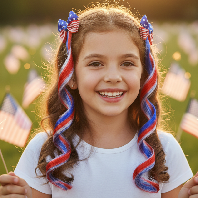 Patriotic American Flag Hair Extensions with Bows – Red, White, & Blue Wavy Synthetic Hair Clips for 4th of July, Memorial Day, & Team USA Events (36cm) (JHC-1037)