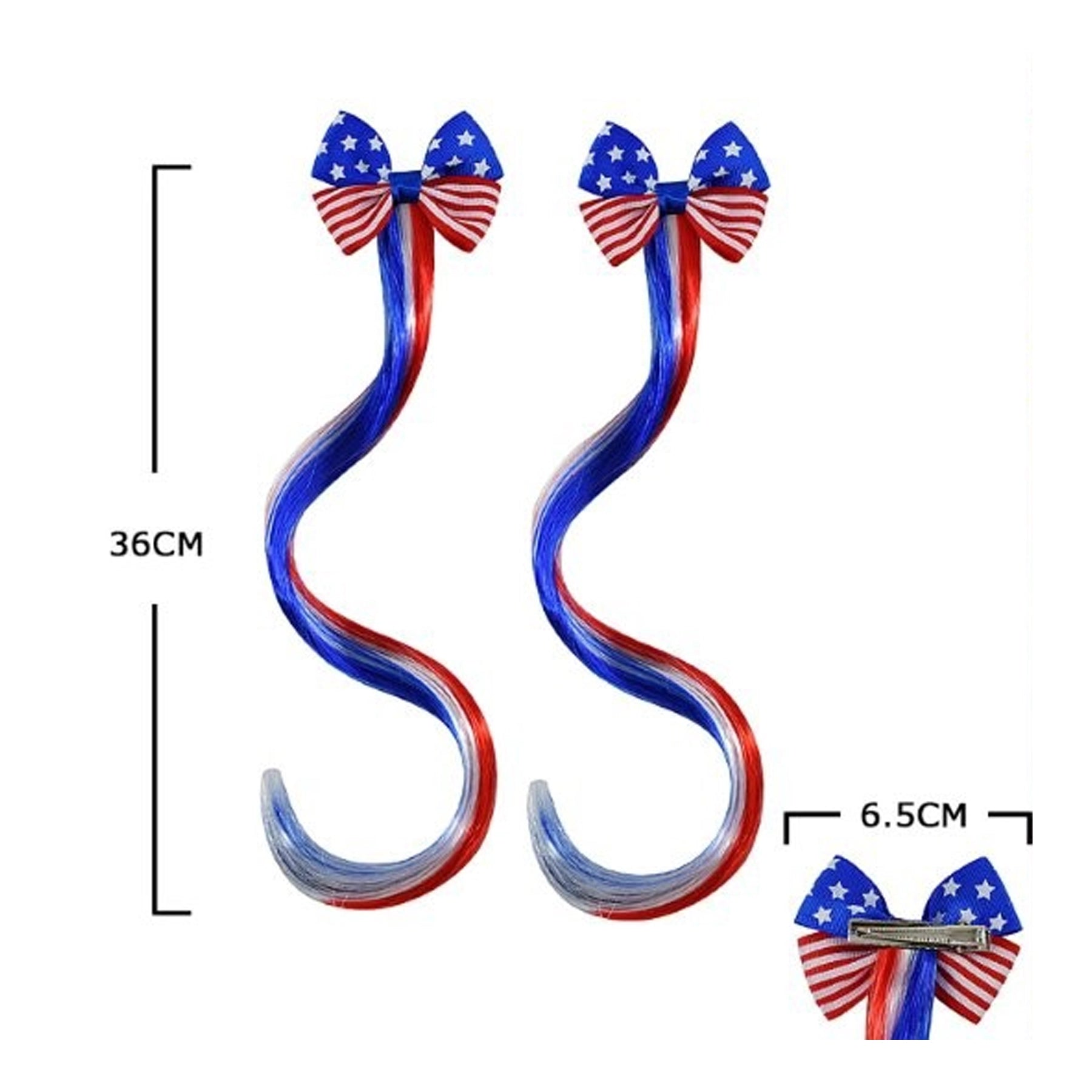 Patriotic American Flag Hair Extensions with Bows – Red, White, & Blue Wavy Synthetic Hair Clips for 4th of July, Memorial Day, & Team USA Events (36cm) (JHC-1037)