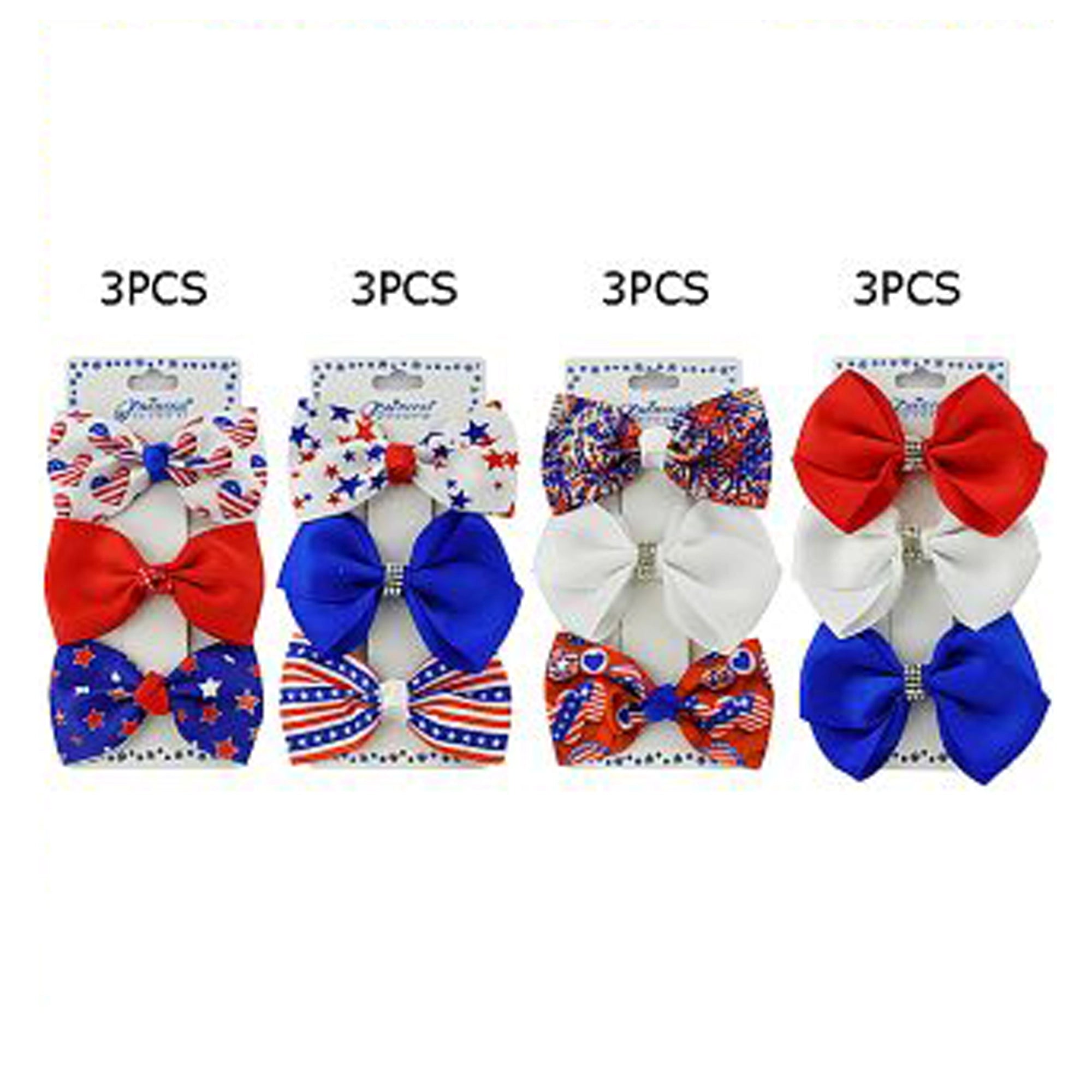 Patriotic 4th of July Hair Bow Set - 3-Pack Red, White, & Blue Ribbon Clips (JHC-1038)