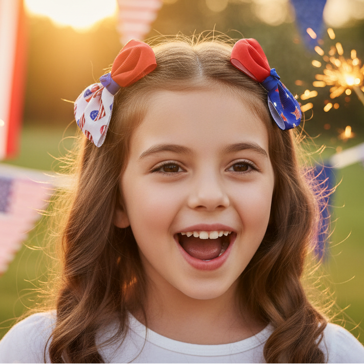Patriotic 4th of July Hair Bow Set - 3-Pack Red, White, & Blue Ribbon Clips (JHC-1038)