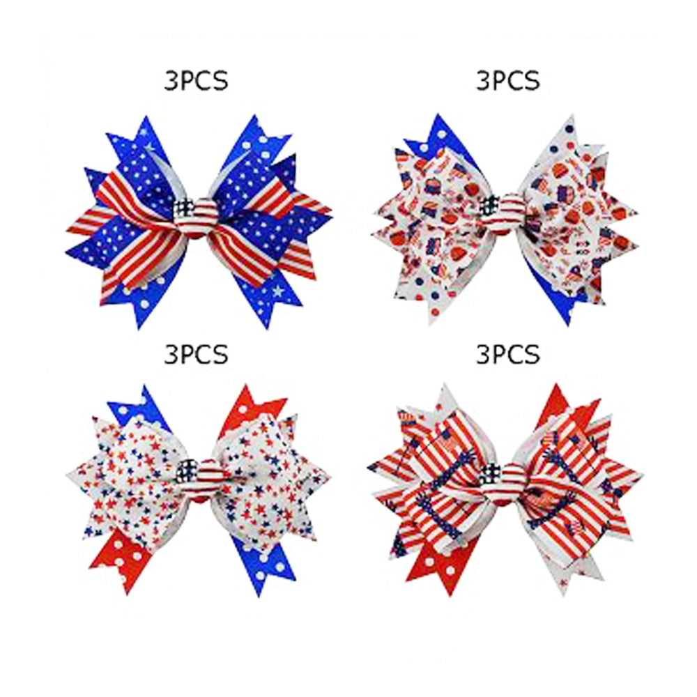 Patriotic American Flag Hair Bows 15cm – 12pc Wholesale Set – Red, White, & Blue Stars and Stripes Boutique Bows for 4th of July (JHC-1042)