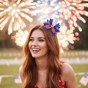Patriotic American Flag Hair Bows 15cm – 12pc Wholesale Set – Red, White, & Blue Stars and Stripes Boutique Bows for 4th of July (JHC-1042)