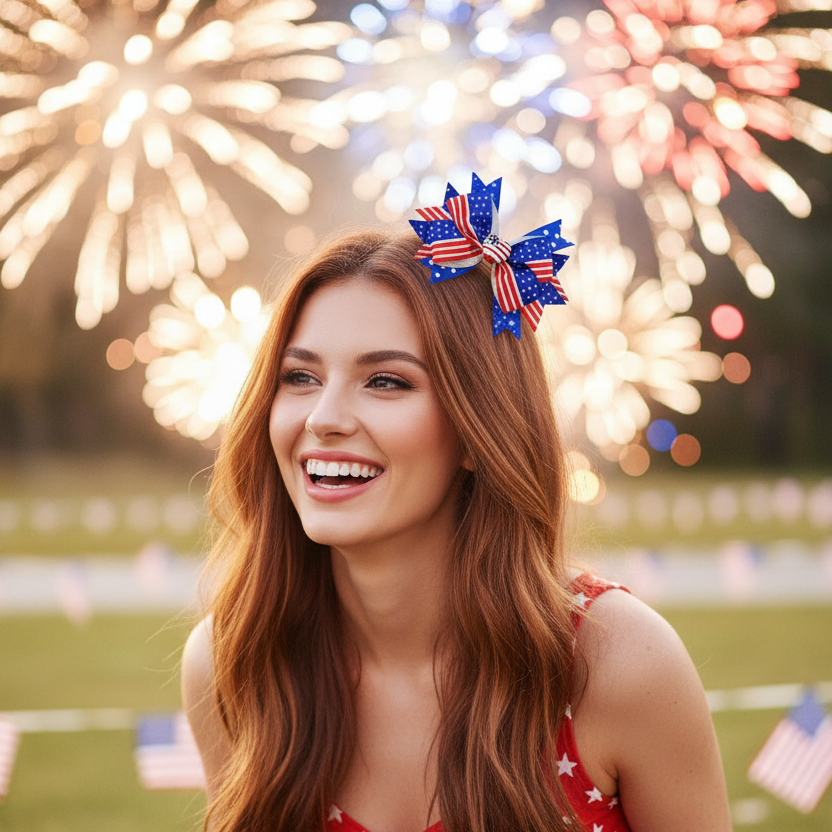 Patriotic American Flag Hair Bows 15cm – 12pc Wholesale Set – Red, White, & Blue Stars and Stripes Boutique Bows for 4th of July (JHC-1042)