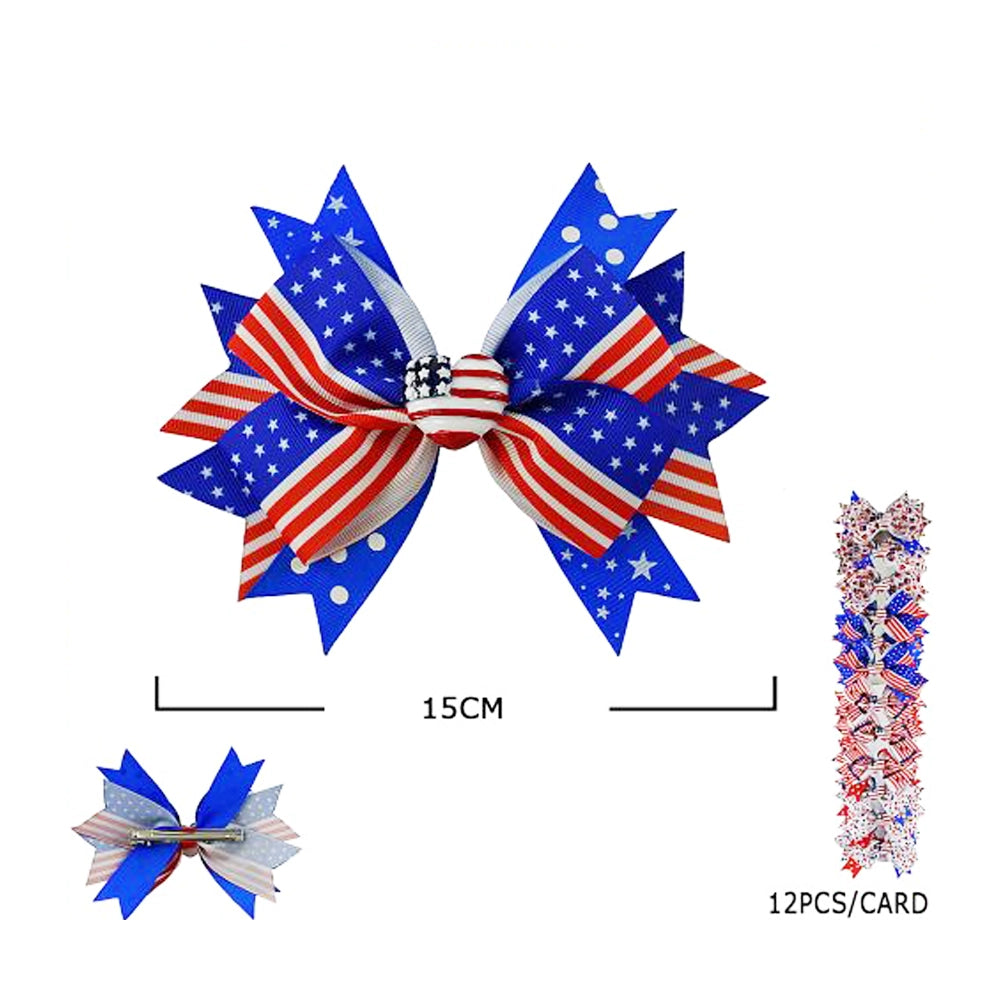 Patriotic American Flag Hair Bows 15cm – 12pc Wholesale Set – Red, White, & Blue Stars and Stripes Boutique Bows for 4th of July (JHC-1042)