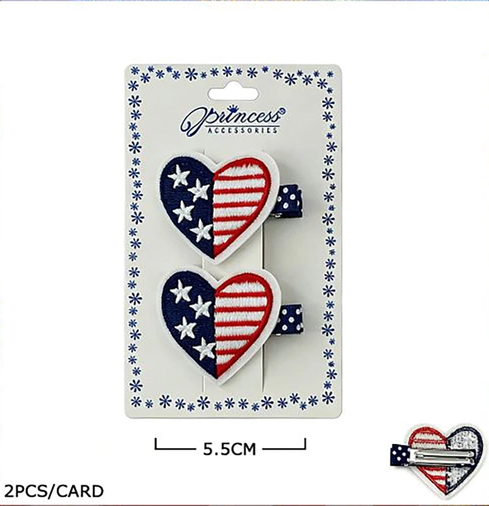 Patriotic American Flag Hair Clips Set – Red, White, and Blue Fourth of July Embroidered Alligator Clips for Girls (JHP-1005)