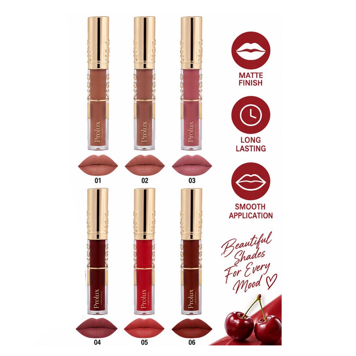 Prolux Luxurious Luminous Matte Lipstick Set – 6 Highly Pigmented Long-Wear Shades with Cherry & Coconut Scents