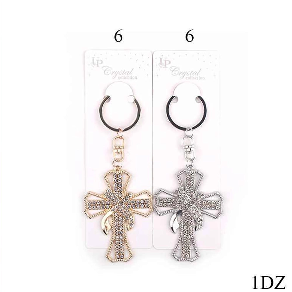 Crystal Rhinestone Cross Keychain | Gold & Silver Religious Key Ring, 12-Piece Bulk Set (KBC-0672GWC)