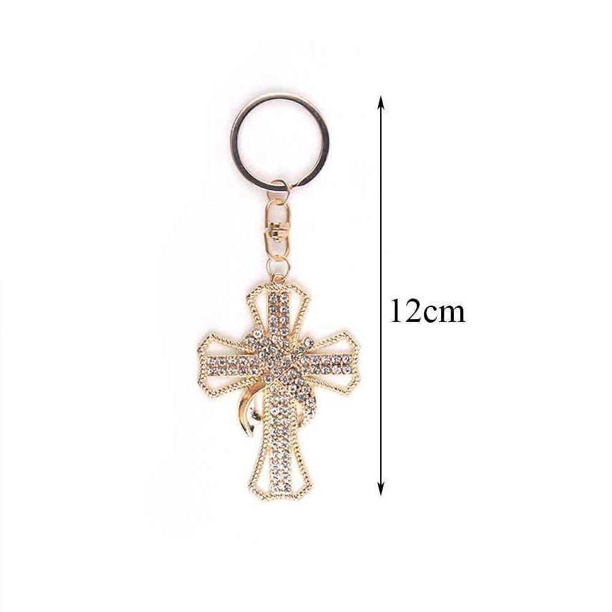 Crystal Rhinestone Cross Keychain | Gold & Silver Religious Key Ring, 12-Piece Bulk Set (KBC-0672GWC)