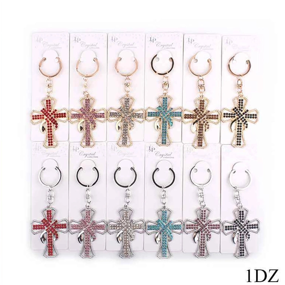 Crystal Rhinestone Cross Keychain Set (12-Piece Dozen) – Sparkling Gold & Silver Metal Religious Key Ring Charms, Bulk Pack for Favors, Gifts, and Accessories (KBC-0672GWR)
