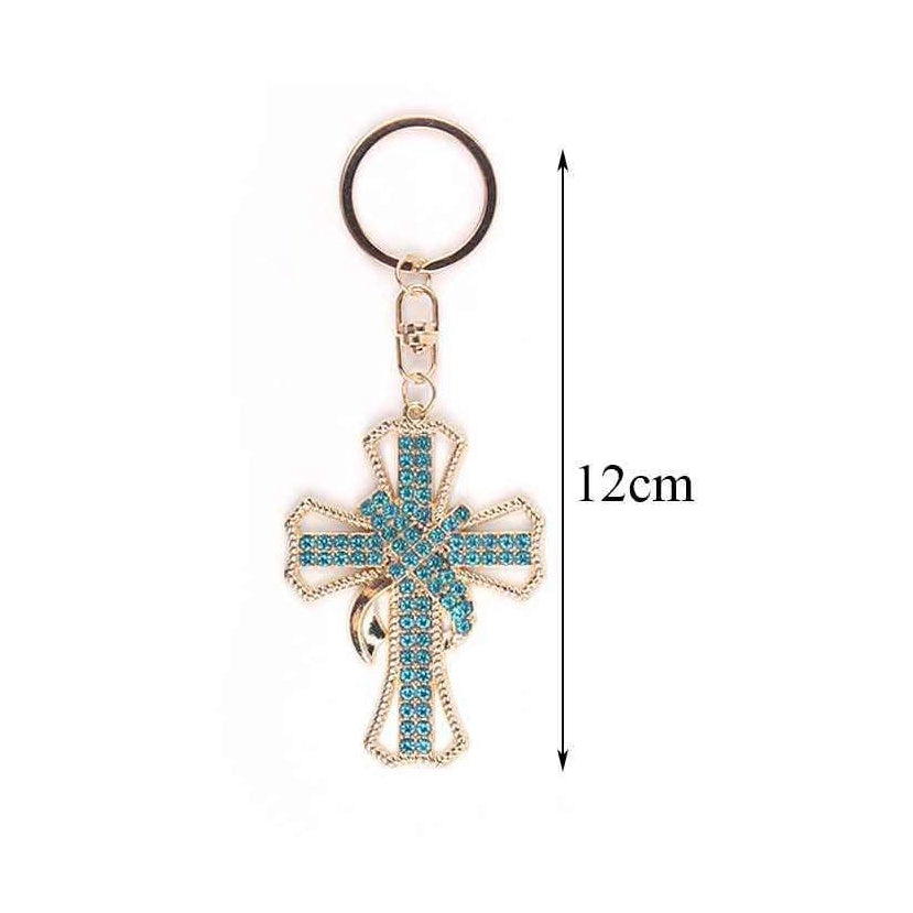 Crystal Rhinestone Cross Keychain Set (12-Piece Dozen) – Sparkling Gold & Silver Metal Religious Key Ring Charms, Bulk Pack for Favors, Gifts, and Accessories (KBC-0672GWR)