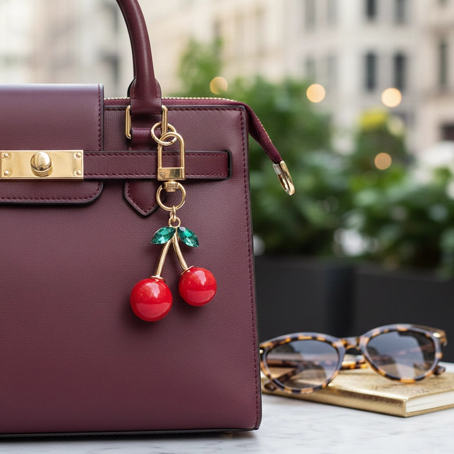 Crystal Leaf Cherry Keychain – 8cm Decorative Handbag Charm (KBC-0691)